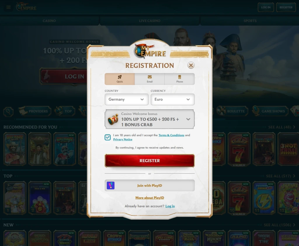 My Empire sign-up form with bonus selector, email, password, and personal details.