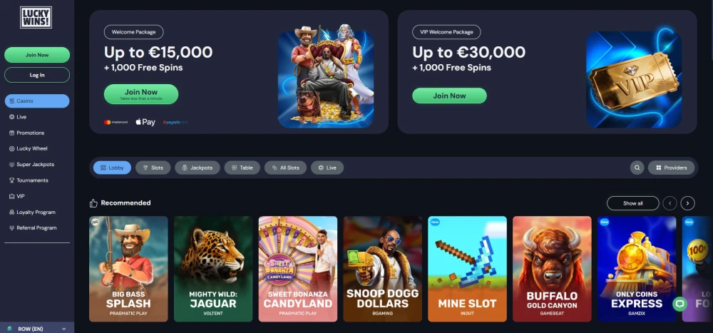Homepage of lucky wins casino