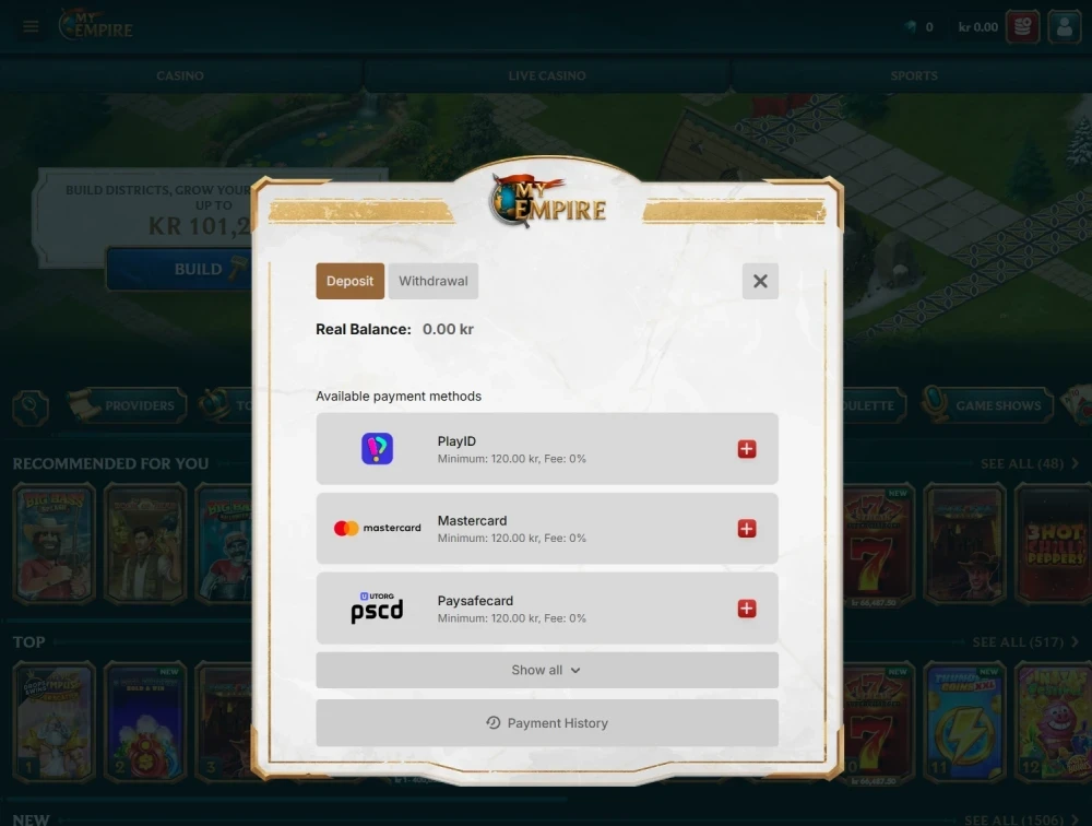 My Empire deposit screen listing payment options and minimum deposit notice.