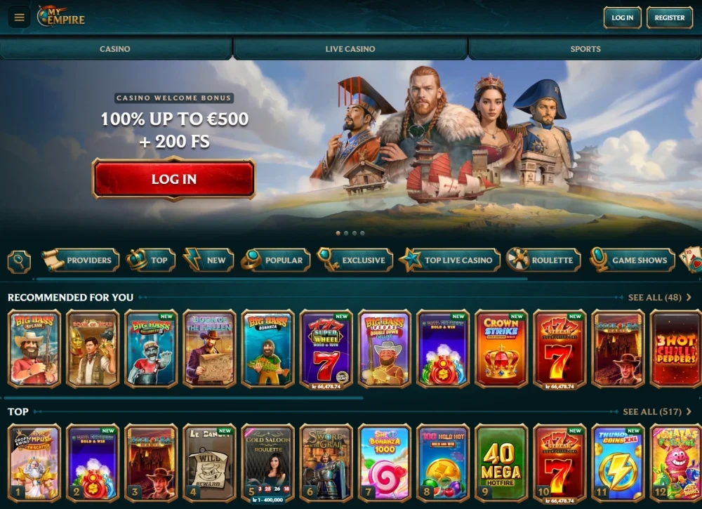 My Empire start page showing the welcome offer banner and “Get Bonus” entry.