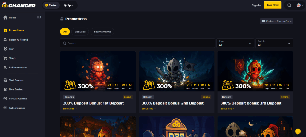 Screenshot of Chancher Bet homepage showing their welcome bonus, slots etc