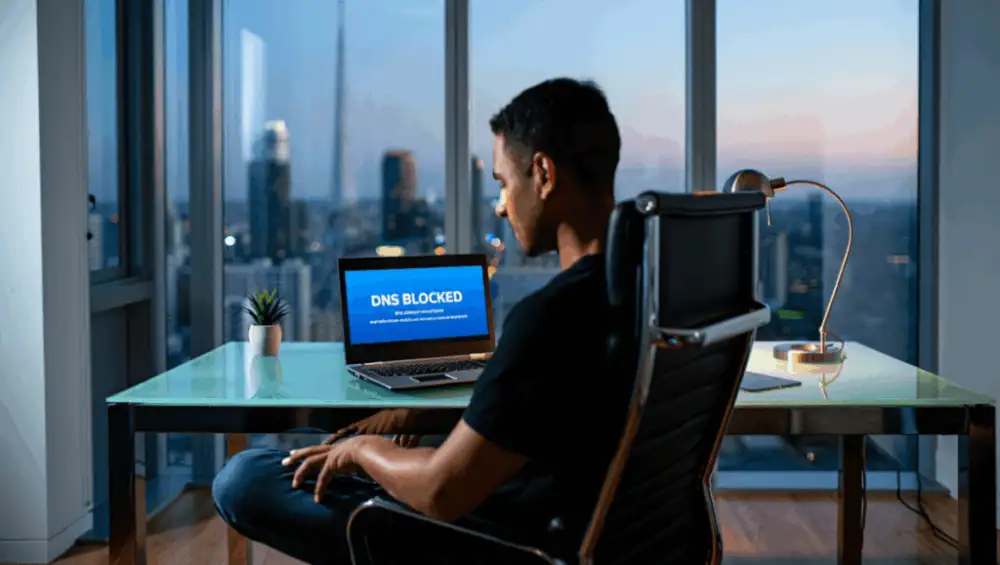 imaginary image of a player sitting in his home office with laptop screen open on a landing page for the ISP stating DNS-blocked page.