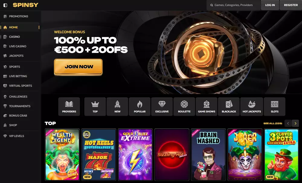 Homepage of spinsy. showing its welcome bonus, buttons to login and register. and their game categories.