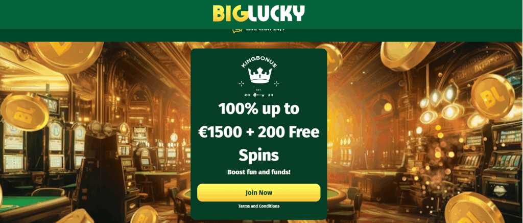 Big Lucky Casino screenshot of front page highlighting our exclusive offer