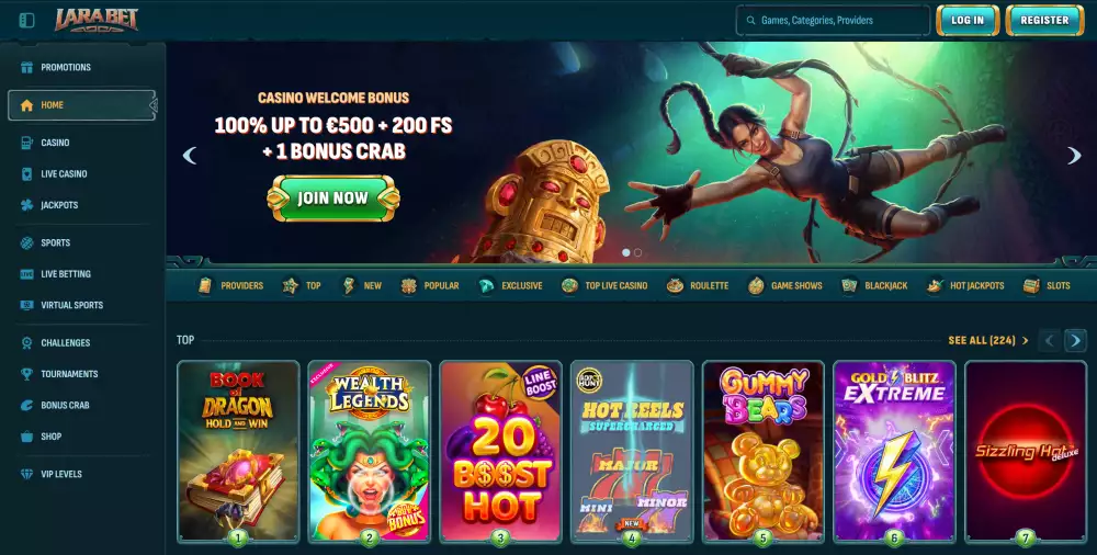 Homepage of Larabet. showing its welcome casino bonus offer, top slots and categories of the games