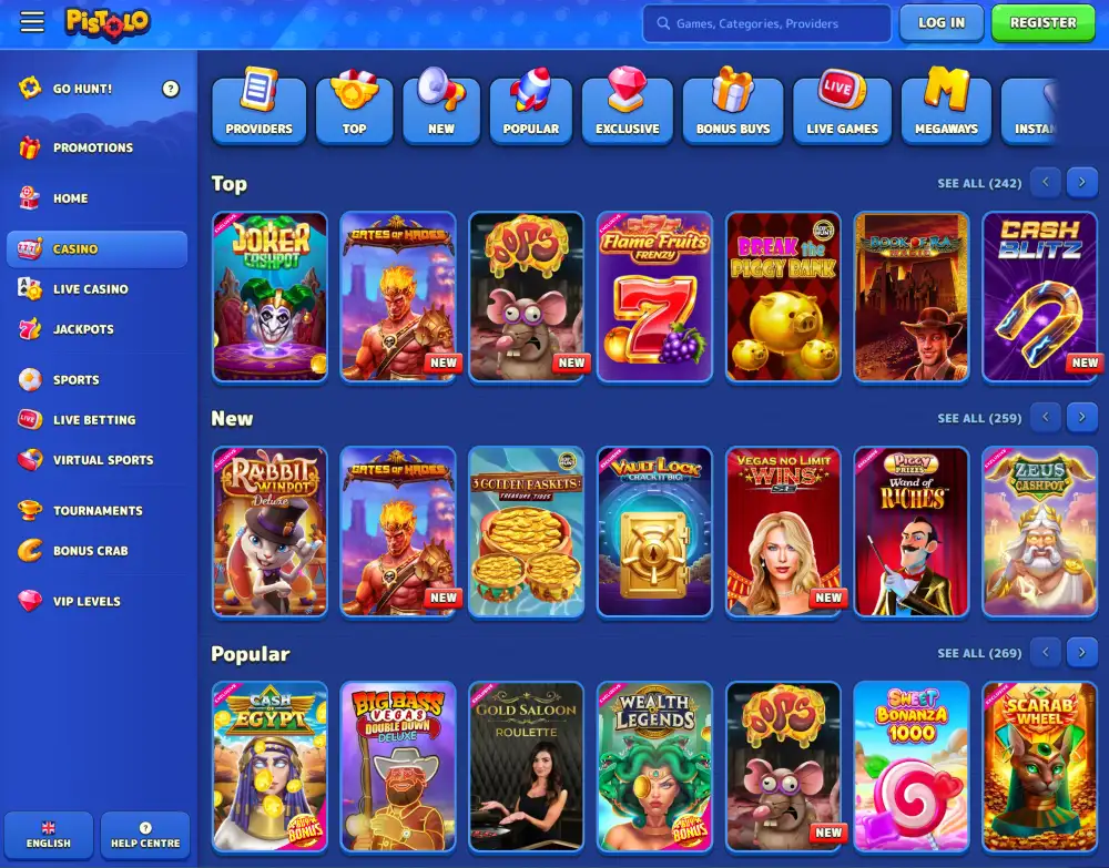 Collection of casino games at Pistolo Casino