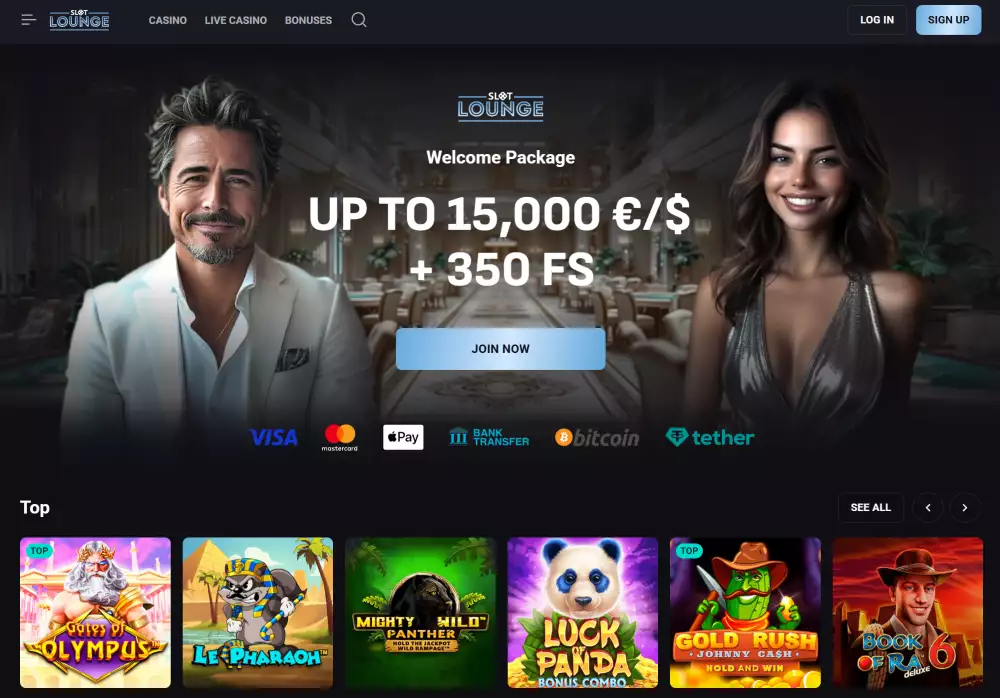 Homepage of SlotLounge showing its welcome offer to new players