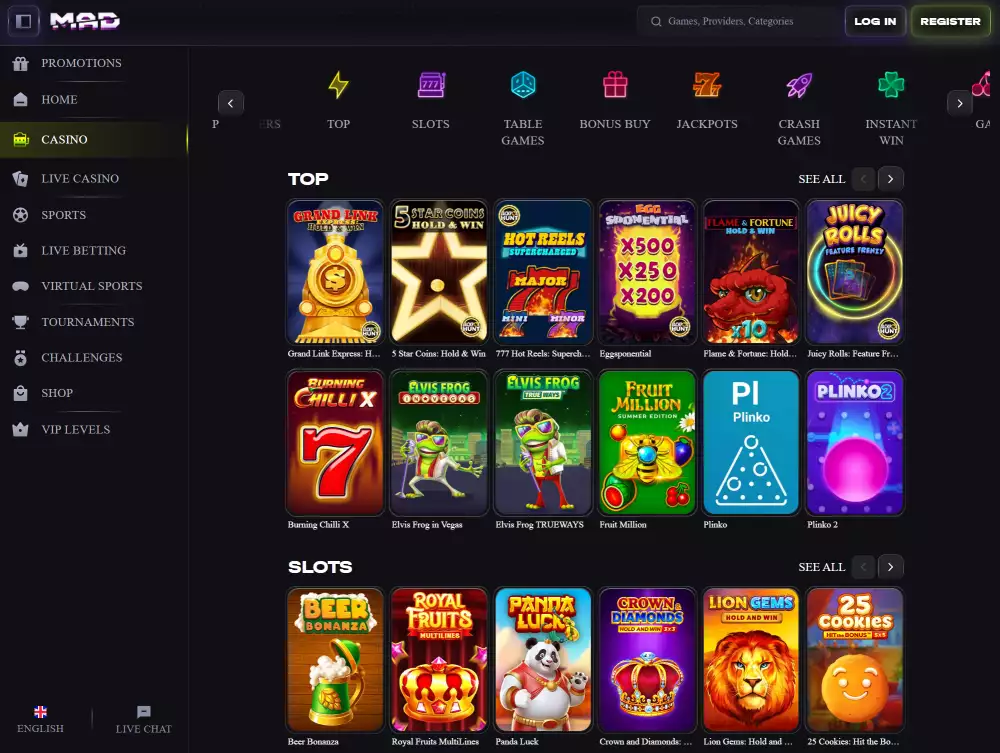 The game selection at Mad Casino