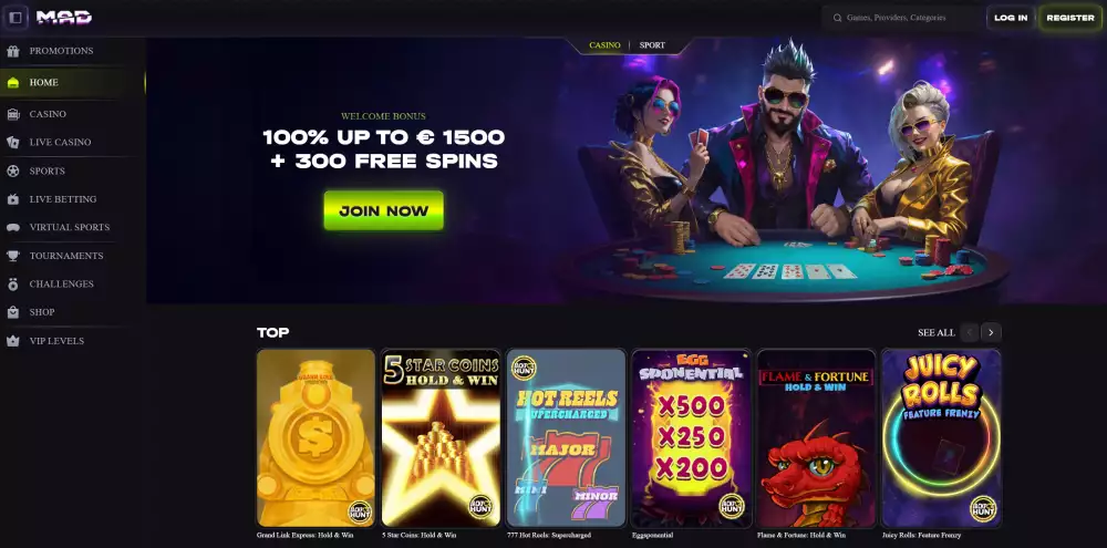 Screenshot of the homepage of mad casino. showing some of their popular slots, the welcome bonus for new players and easy navigation