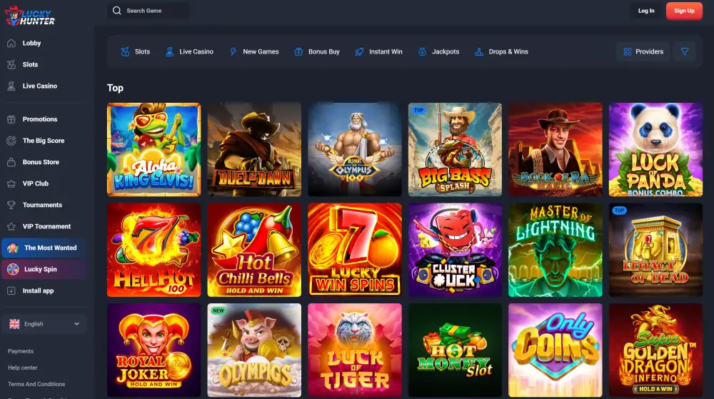 Game selection at lucky hunter casino