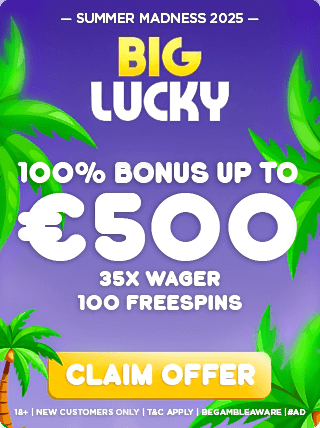 big lucky casino bonus panel showing the welcome offer for summer madness campaign