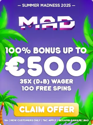 Mad casino bonus panel showing the summer madness campaign welcome offer