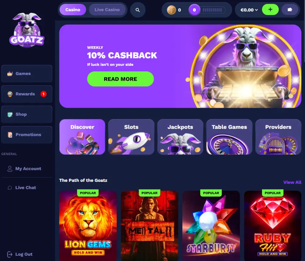 Goatz homepage showing its categories like slots, jackpots, table games and more