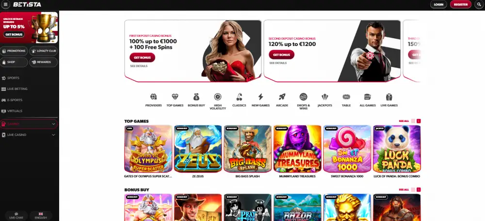 Betista casino front page where offers and promotions are highlighted.