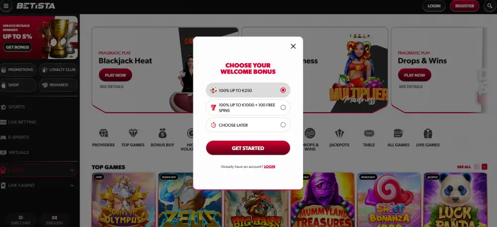 Page for registering and choosing your desired welcome offer on Betista