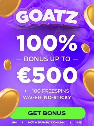 goatz casino bonus panel showing the welcome offer of 100% up to 500 Euros + 100 free spins