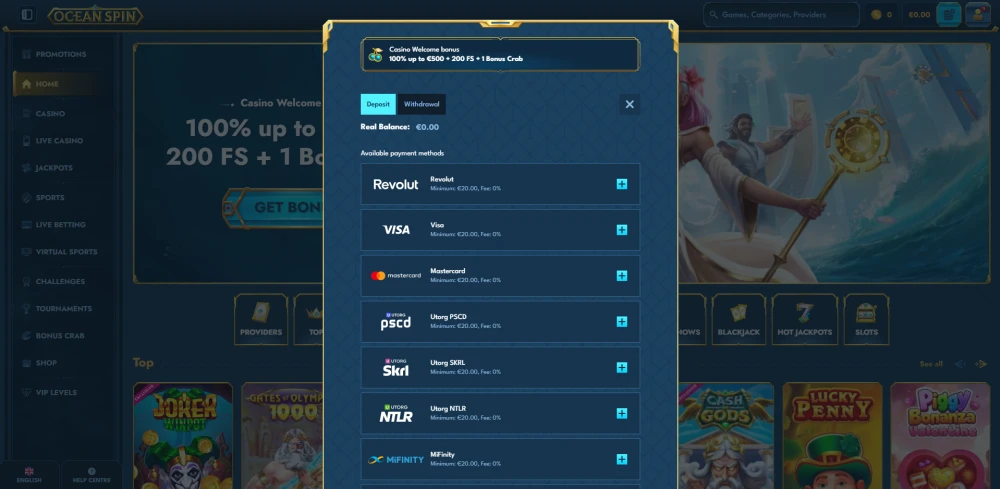 Deposits method at oceanspin casino