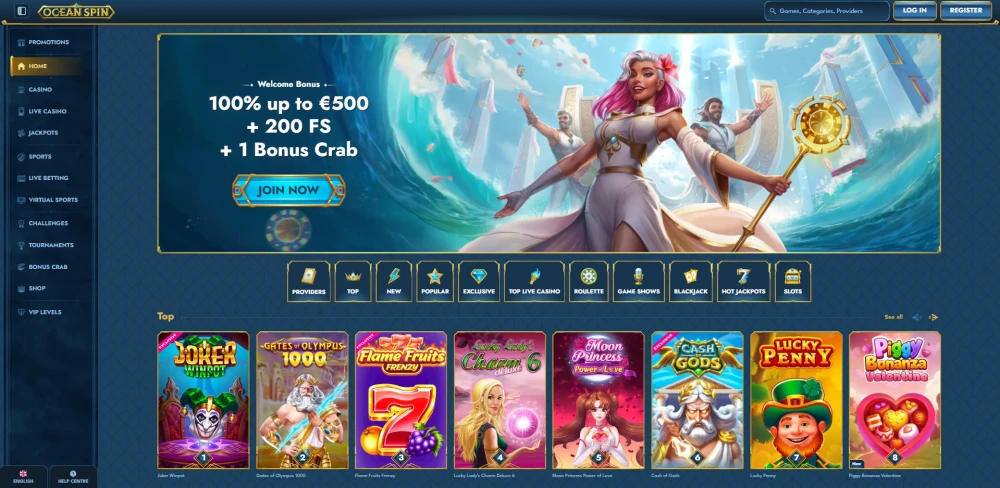 Homepage of OceanSpin Casino