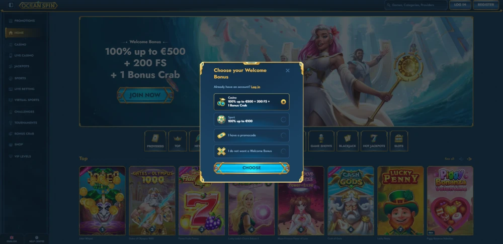 Registration page at Oceanspin where you can select the welcome offer