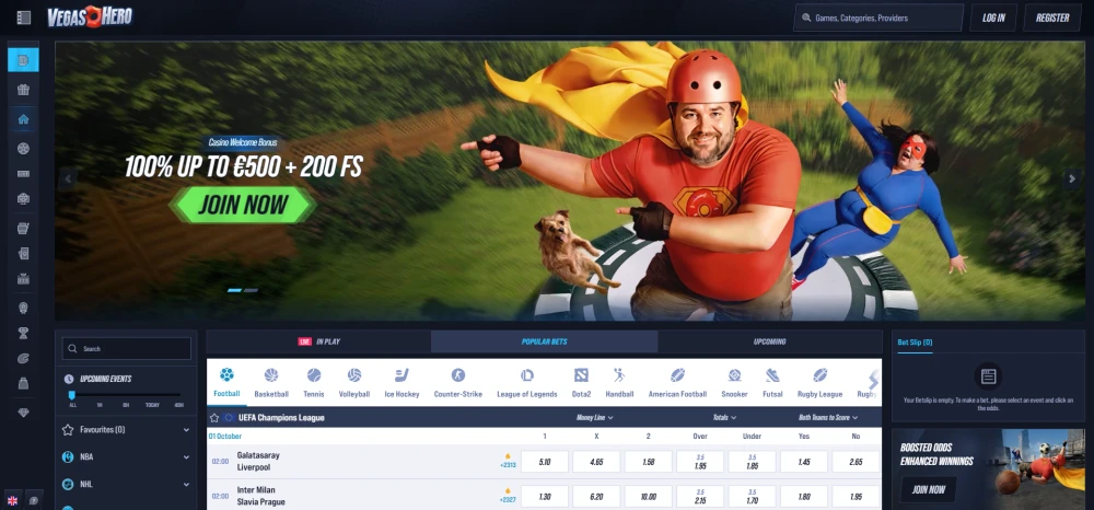 Homepage of Vegashero casino showing its welcome bonus 