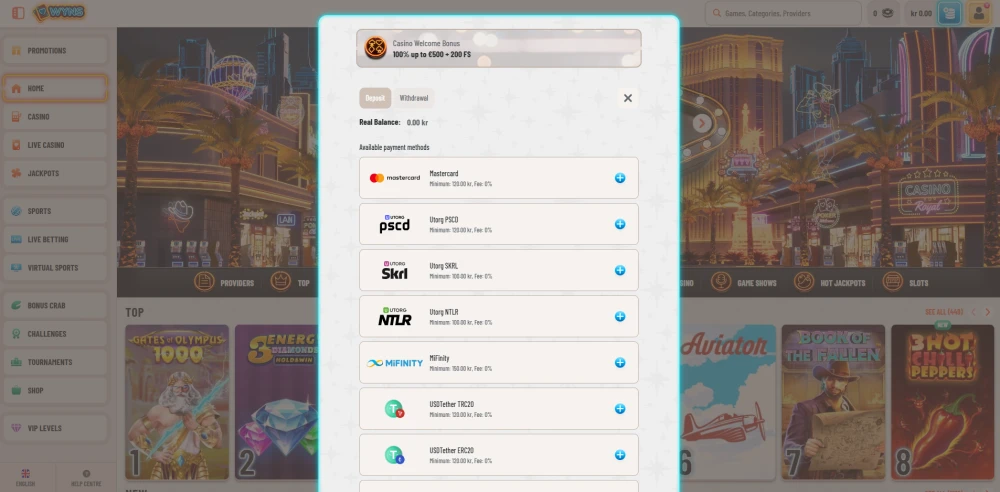 Payment methods at Wyns Casino