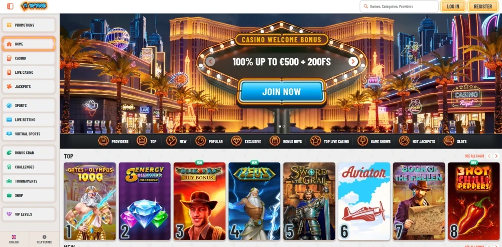Homepage of Wyns Casino