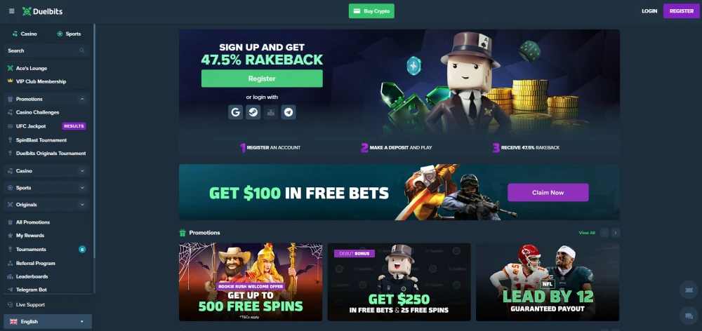 Homepage of Duelbits Casino