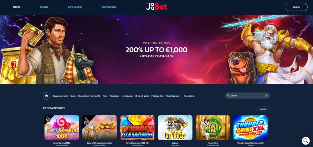 Homepage of Jaabet Casino