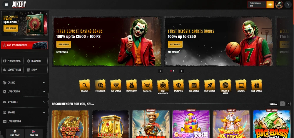 Homepage of Jokery Casino