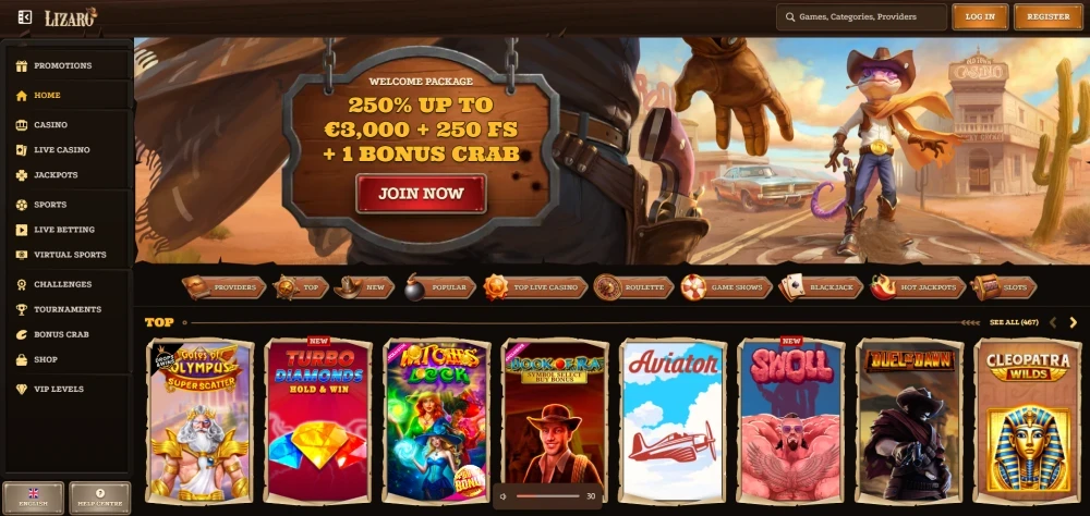 Homepage of Lizaro Casino