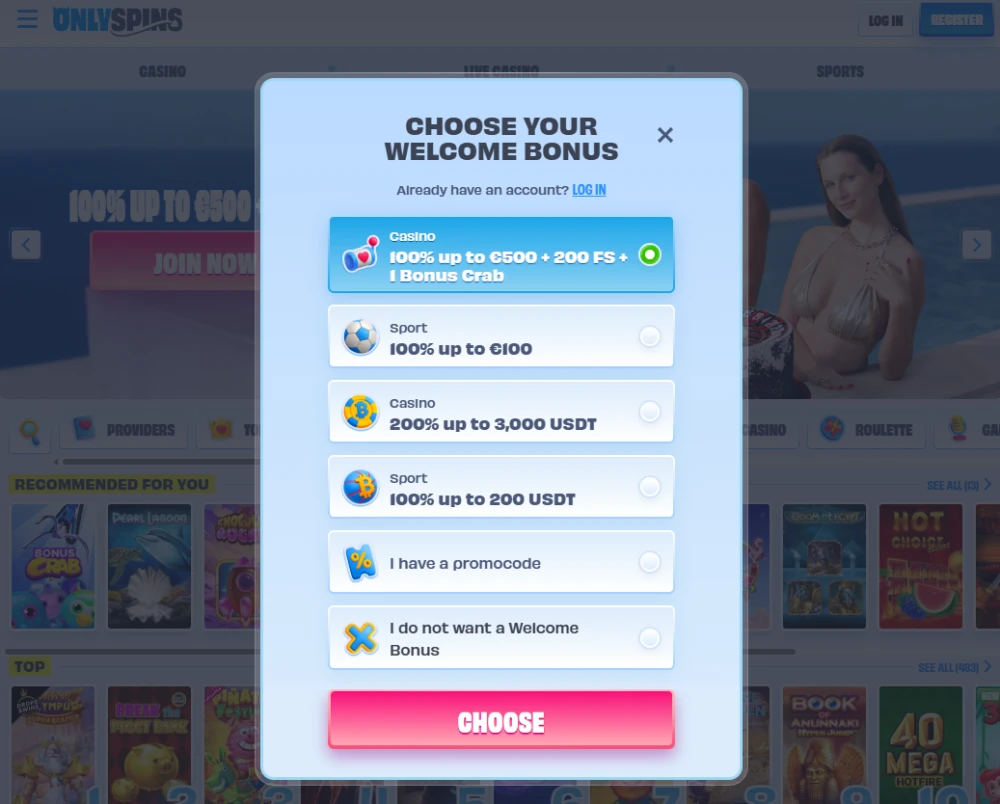 Options of welcome bonuses when you register at onlyspins casino