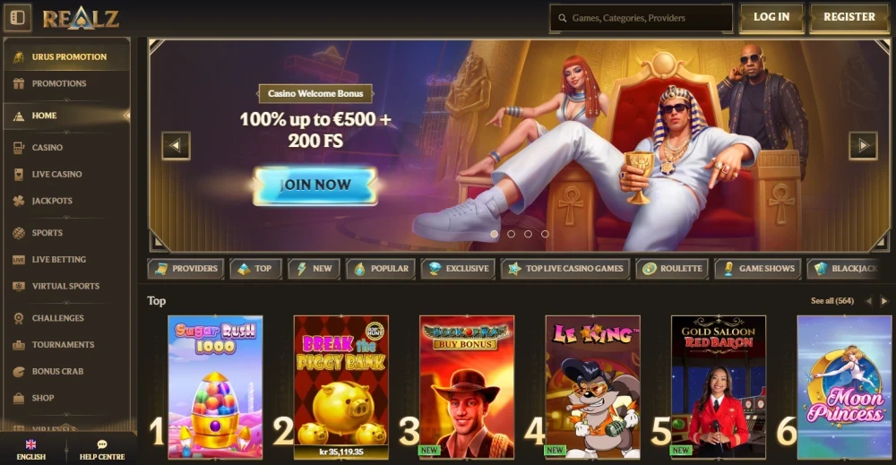 Homepage of Realz Casino