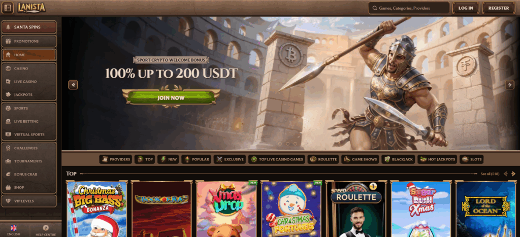 lanista casino main front page showing promotion offers, menus and games