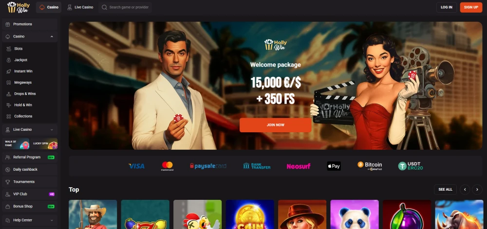 Homepage of hollywin Casino