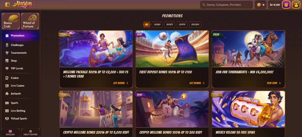 The promotions page at AlaWin displays all currently available offers