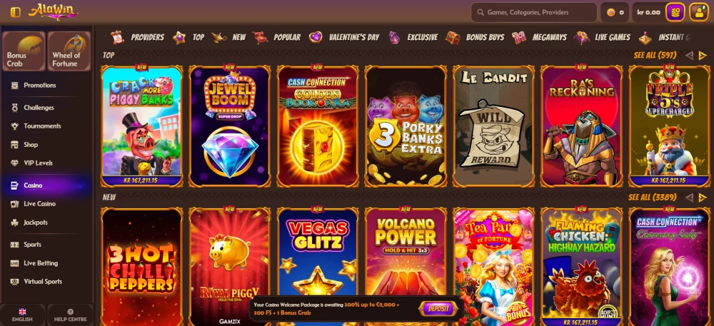 Selection of games and providers on AlaWin