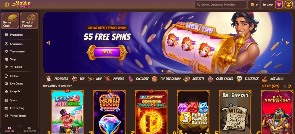 AlaWin&rsquo;s homepage website showing promotions and games