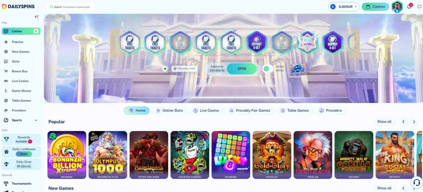 screen shot dailyspins front page with menues and offers