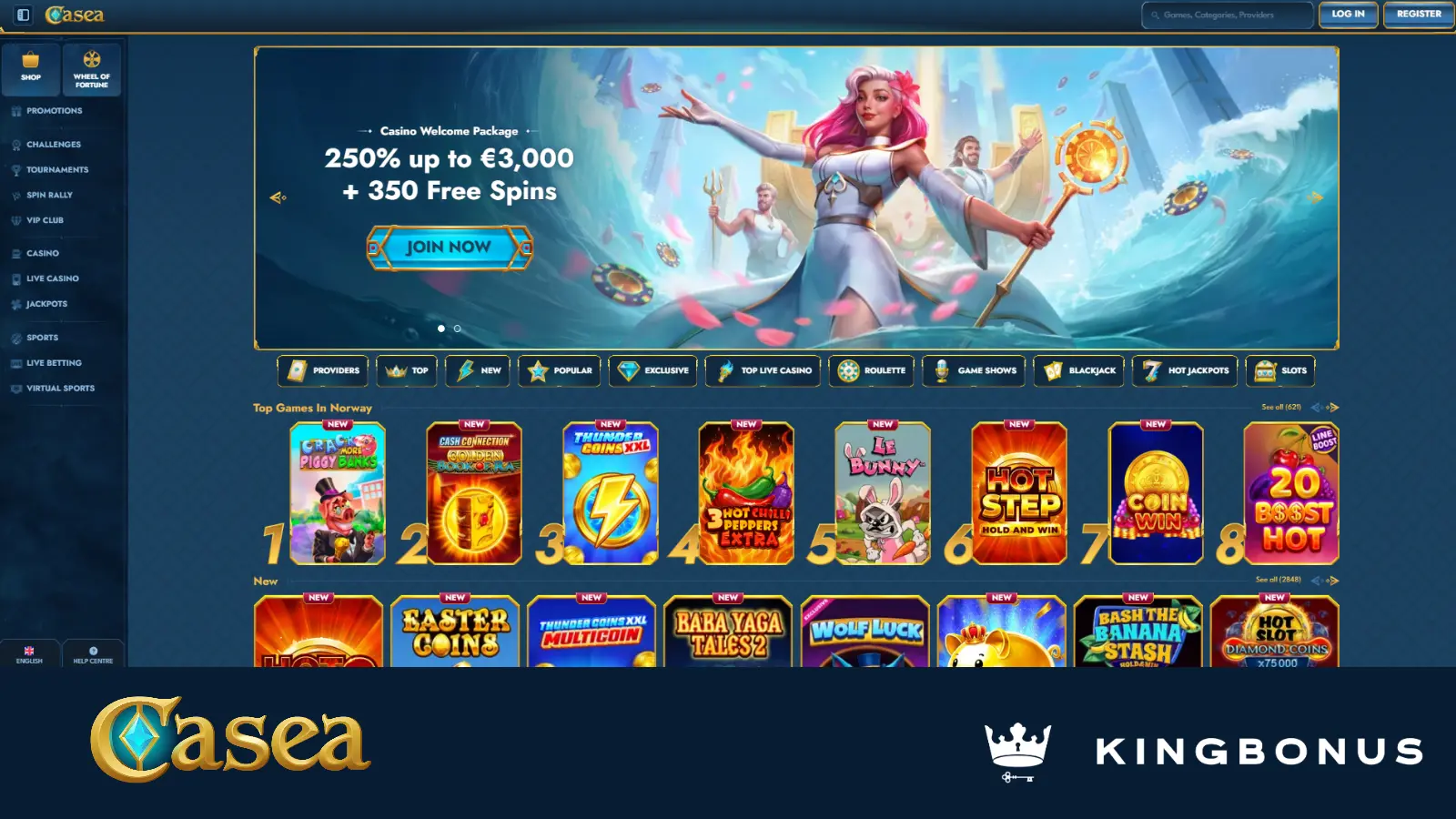 screenshot showing the front page of casea casino. Welcome offer highlighted on main banner. Menues and slot games displayed