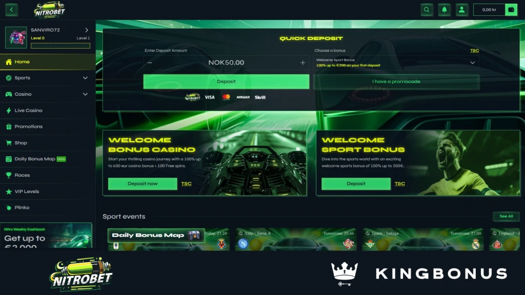 nitrobet casino screenshot of the main poage with menues and welcome offers for casino and sports.