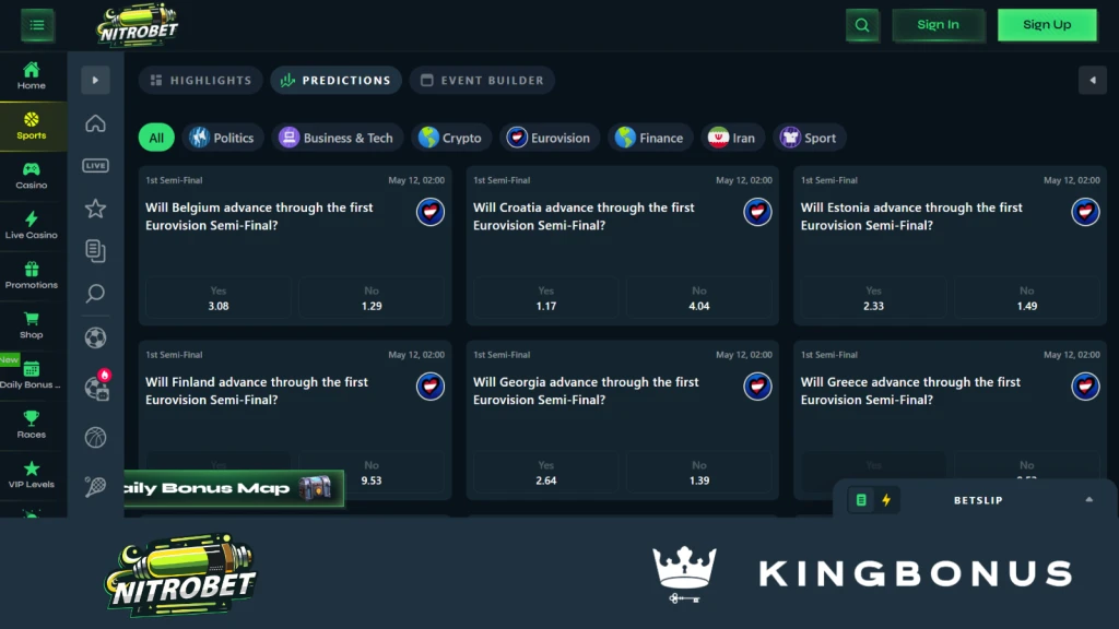 Screenshot of Nitrobet prediction market showing yes/no markets for sports and news events