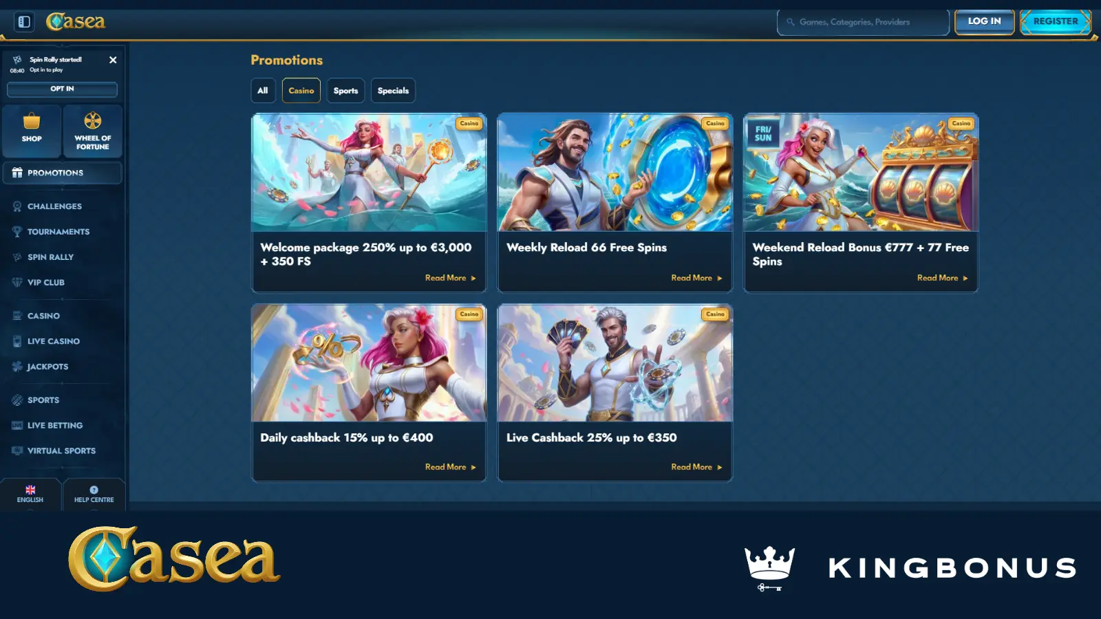 screenshot casea casino promotions page