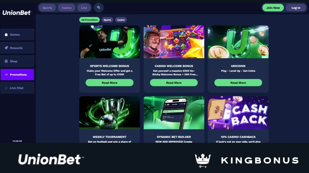 Bonuses and promotions at UnionBet