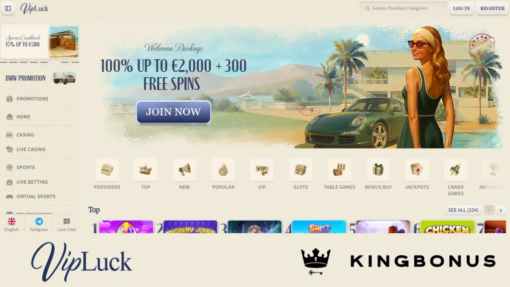 VipLuck front home page with displayed offers and menu