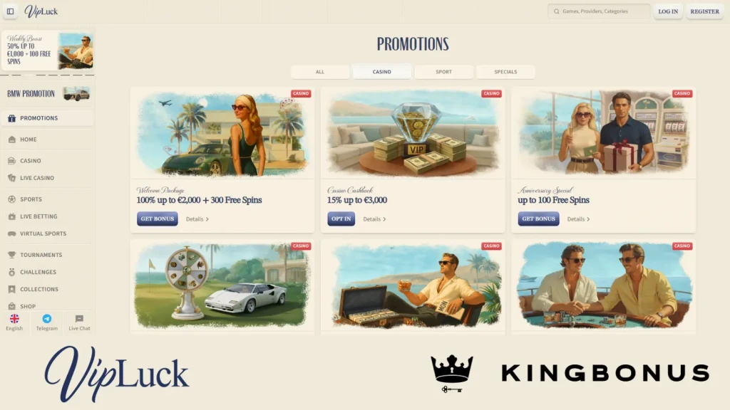 screenshot of vipluck casino availabble promotions