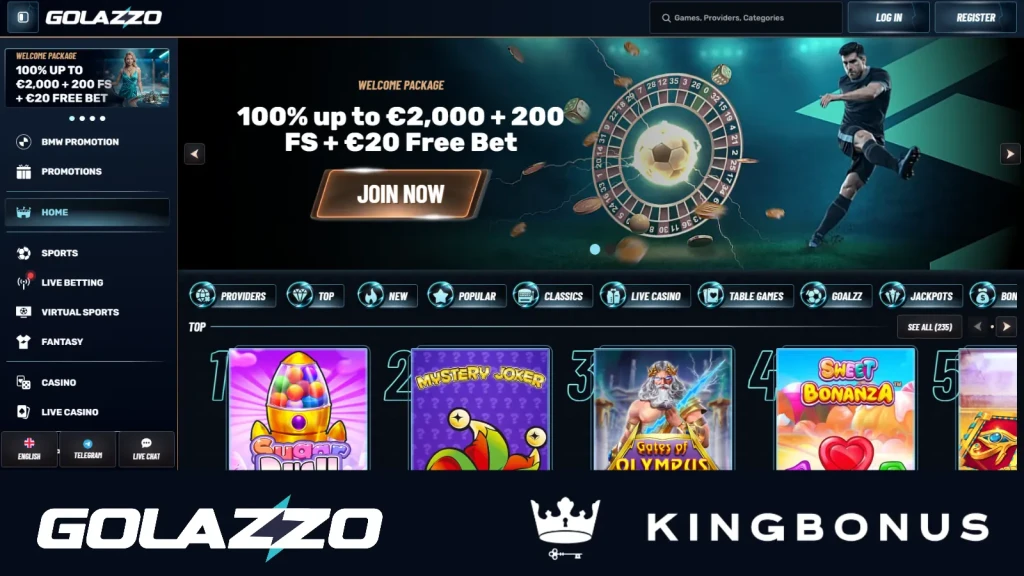 Golazzo casino and sportsbook screenshot of the main page of the website  with offers and menues 