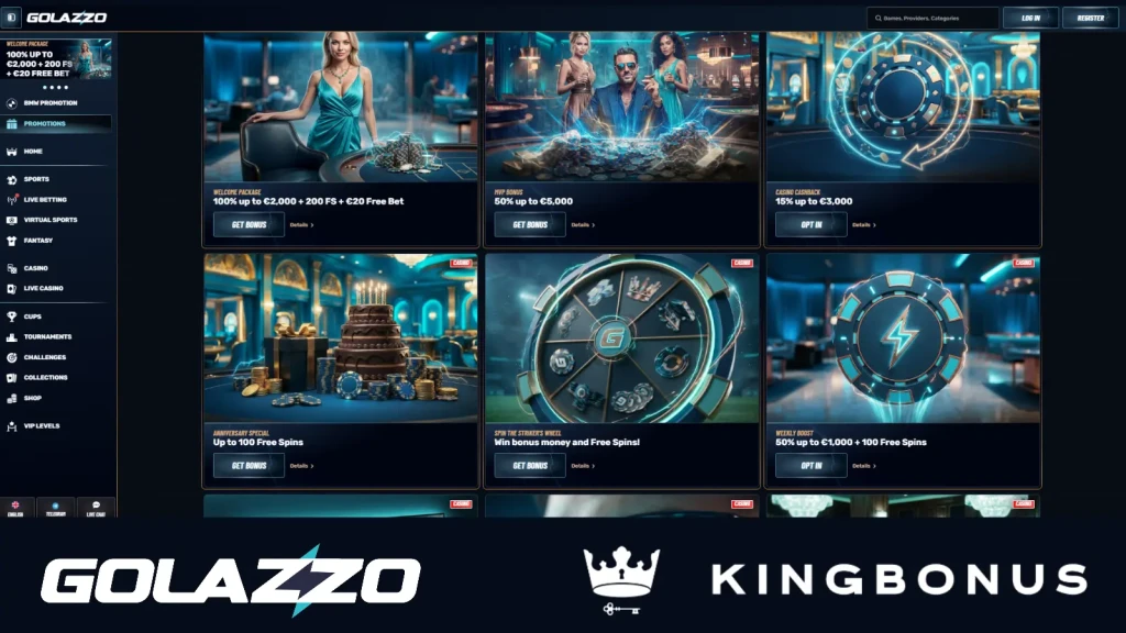 Golazzo&rsquo;s promotions page lists all ongoing offers, and players can filter bonuses by game type to quickly find the promotions that best match their preferences.