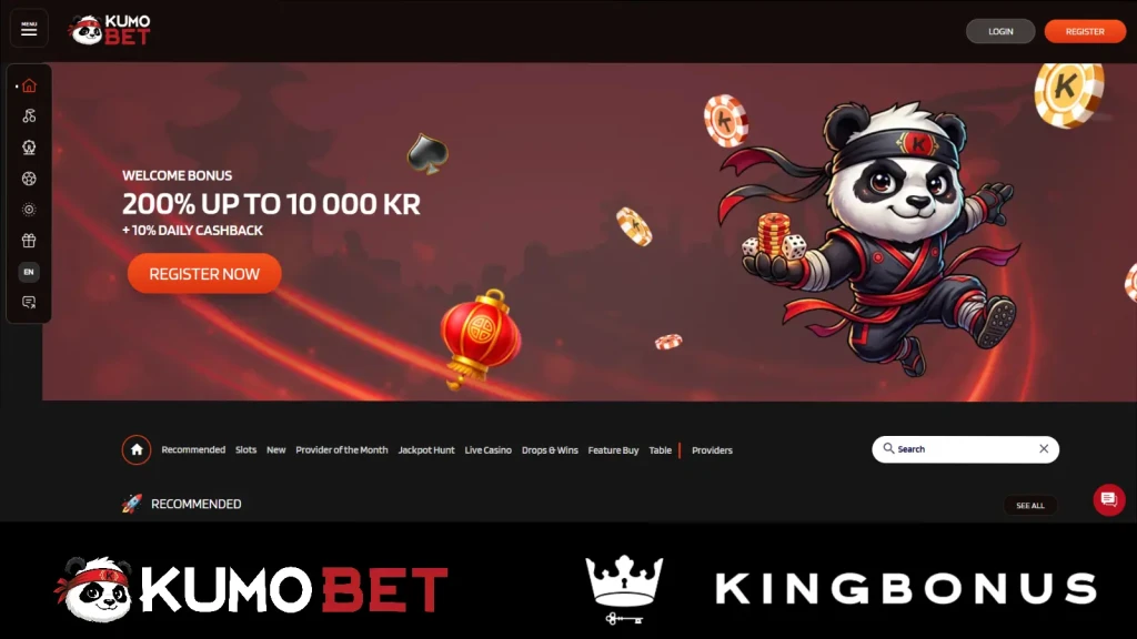 kumobet homepage with welcome bonus banner
