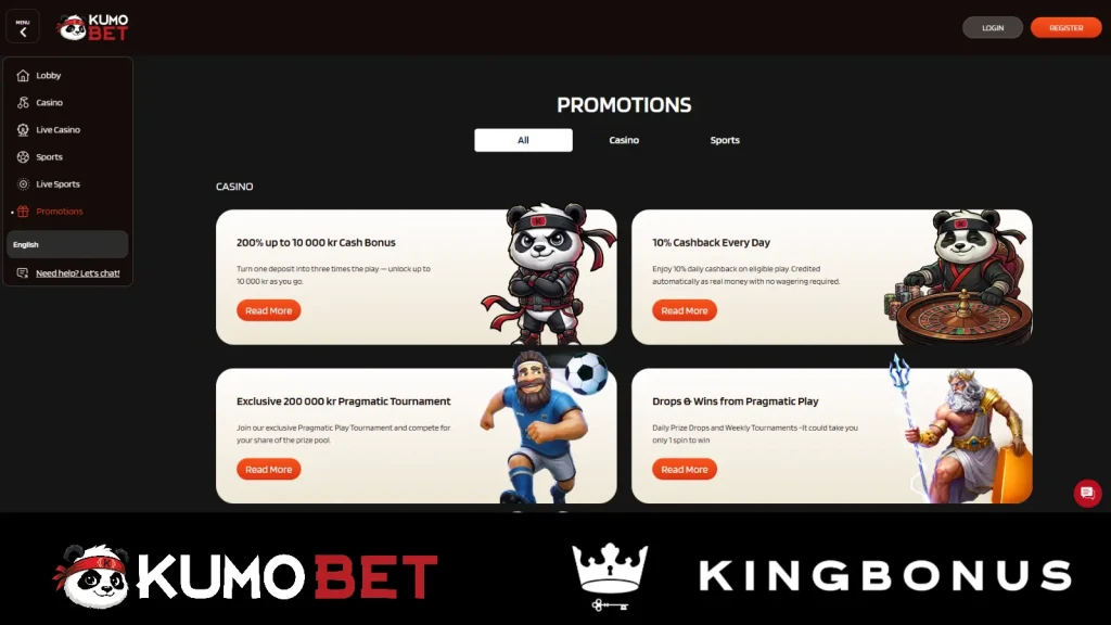 kumobet promotions page with casino offers