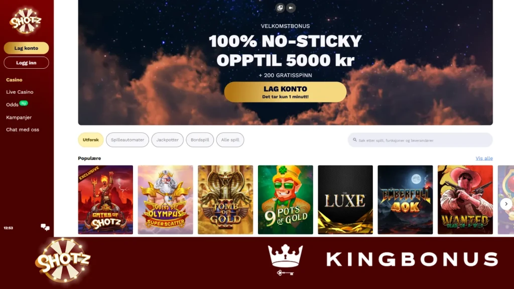 Shotz Casino Homepage